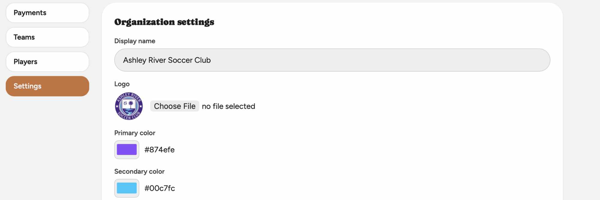 Club admin settings screen showing the organization's display name, logo, and brand colors