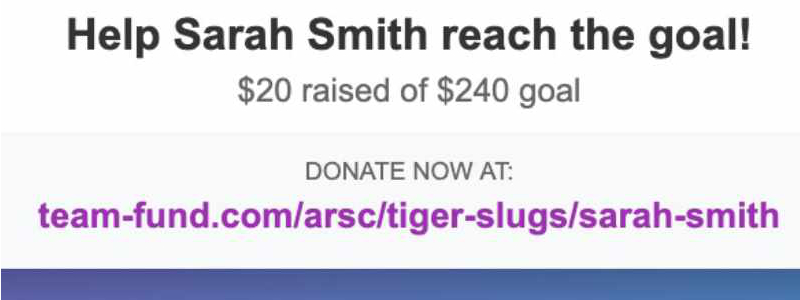 A shared player fundraiser link with a call to action to donate now, as it would appear posted or texted to family and friends