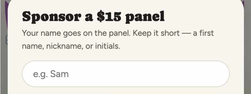 A sponsor entering their name to sponsor a $15 panel before continuing to checkout